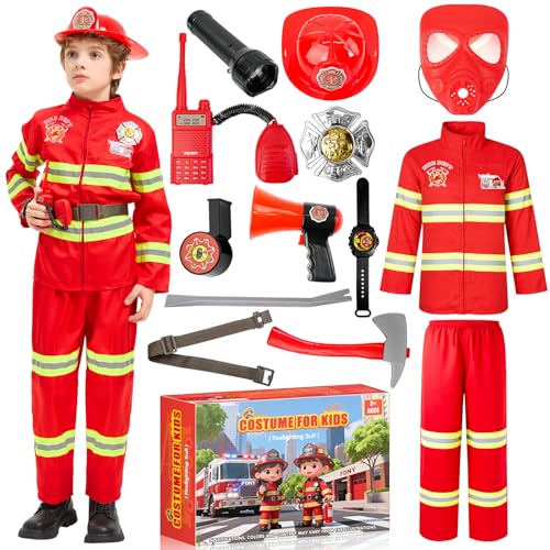 Lubolee Disfraz de Bombero Para Niños Con Casco de Bombero, MáScara y Diversos Accesorios de Bombero Para Carnaval, Halloween, Cosplay y Fiestas De Cumpleaños (130)