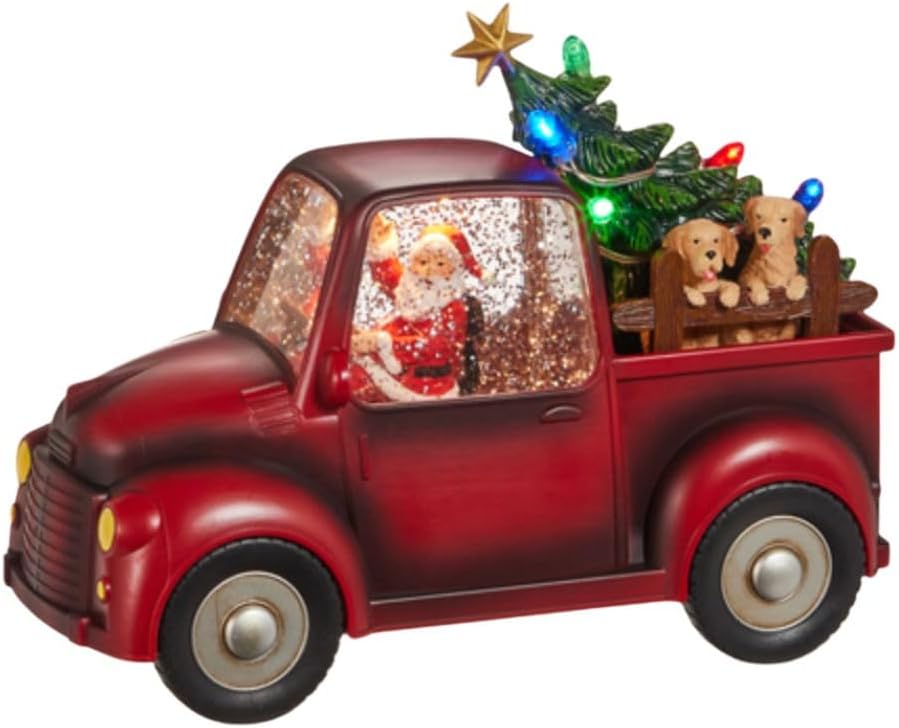 Raz Imports Santa and Dogs in Lighted Truck – 9” Red Vintage Pickup with Swirling Glitter, Christmas Tree, LED Lights, Holiday Décor, Battery Operated Festive Accent