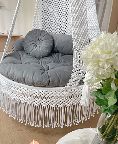 Image of KAAHIRA Bohemian Macrame Hanging Swing Chair- Aesthetic Cotton Rope Hammock for Indoor & Outdoor - Patio, Balcony, Bedroom, Living Room, Garden-Kids, Adults & Pets - Boho Decor (White with Grey)