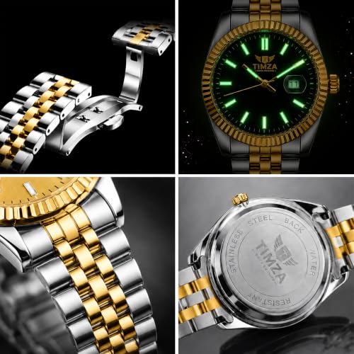 Image of Classic Gold Dial Quartz Watch for Men with Stainless Steel Two Tone Bracelet (Silver-Golden), Magnified Date Window & Water Resistant Build