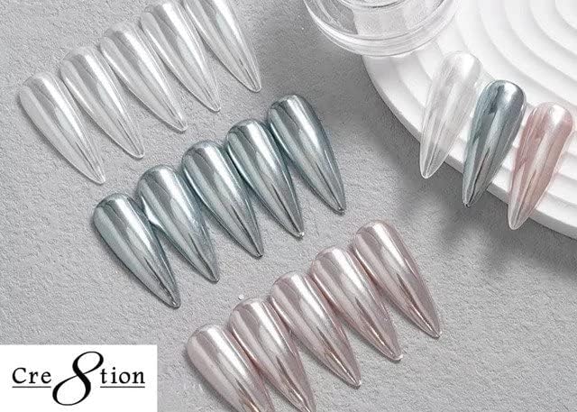 Miniatura 6 de Cre8tion - Polvo mágico de uñas cromado y perla blanca para arte de uñas, purpurina cromada en polvo brillante, uso profesional en salones, color