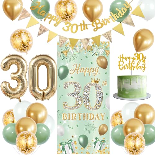 Holkcog 30th Birthday Decorations, Green Gold Happy 30 Years Old Banner Background ,40 Inch Gold Number Ballons ,Cheers To 30th Party Supply, 24pc Latex Balloon for 30 Birthday Decorations