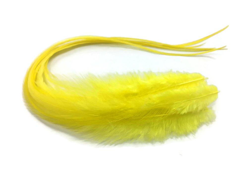 Moonlight Feather, Hair Extension Feathers - Solid Sunshine Yellow Thick Long Rooster Hair Extension Feathers - 7-11 Inches Long - 6 Pieces Per Pack