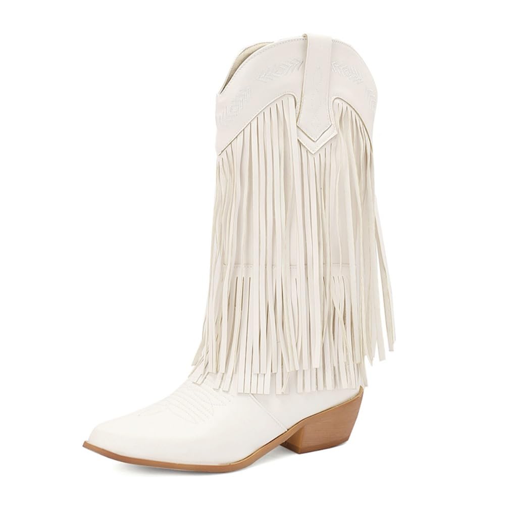 Geerta Fringe Cowboy Boots for Women Mid Calf Western Boots Embroidery Cowgirl Pull-On Pointy Toe Wide - Plus