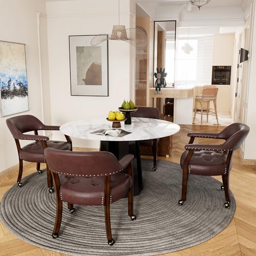 JESONVID Set of 4 Dining Leather Chairs with Casters & Arms, Accent Captain Chair with Wheels, Roller Wood Wheeled Chairs for Kitchen & Game Poker Table,Espresso&Wine Red 1910WR(NO Table!)