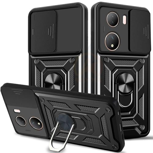 Image of Armor Bumper Back Cover Case for Vivo Y100 5G | Rotating Camera Cover, Ring Holder & Kickstand | Heavy Duty & 360 Degree Protection Vivo Y100 5G Back Cover (Black)