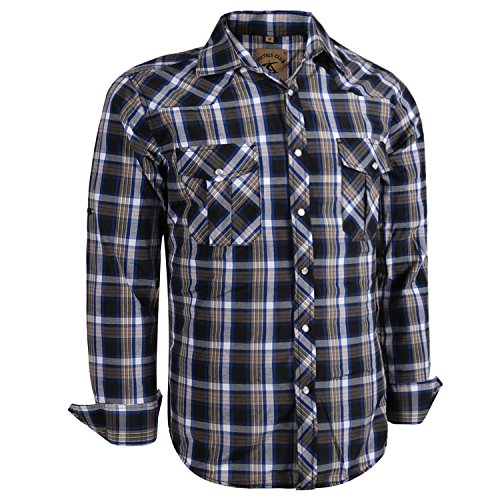 COEVALS CLUB Men's Long Sleeve Casual Western Cowboy Two Pockets Work Plaid Pearl Snap Buttons Shirt (3XL, 7#Blue,White)