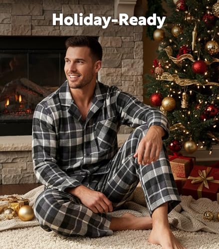 Image of DAVID ARCHY Men's Pajamas Set Flannel Pjs Sets Cotton Pajamas for Men | Ultra-Soft Loungewear Sets, Classic Plaid Sleepwear for Winter, Lounge Set with Roomy Pockets, Pijamas para Hombres