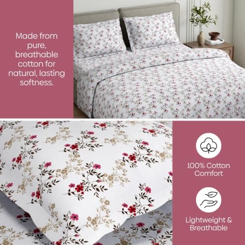 Image of Haus & Kinder Double Bed Bedsheet for Queen Size Bed with 2 Pillow Covers 90 Inch x 100 Inch | Premium Soft & Silky Pure Cotton 144 TC Flat Double Bedsheet | Belle Fleur Red