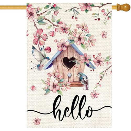 Baccessor Spring House Flag, Pink Bird House Cherry Blossoms Large Yard Flag for Outside Double Sided Burlap Porch Decor 28 x 40 Inch