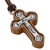 Junker Kirchenbedarf Kleeblattkreuz - Olivenholz Kreuz Anhänger - Kruzifix mit Korpus aus Metall am Band, 3cm