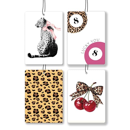 Image of Trendy Leopard Print Lavender Car Air Freshener, Coquette Bow Cheetah Cherry Lucky 8 Ball Hanging Air Freshener 4 Pcs for Cars Closet Drawer Books, Girly Car Accessories Mirror Decor for Women