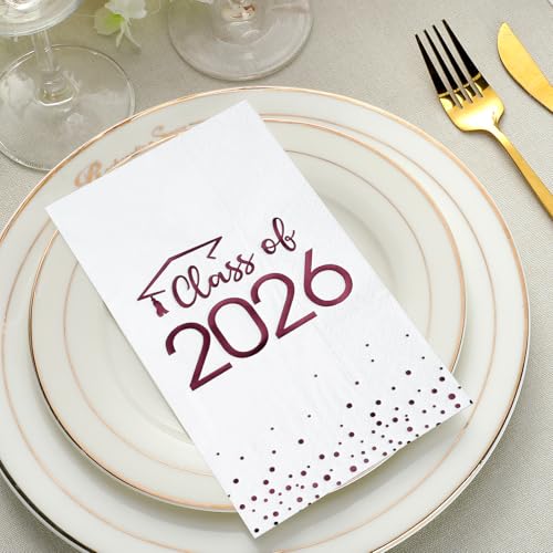 100pcs Class of 2026 Graduation Napkins, Disposable Congrats Grad Cocktail Napkins Foil Dot Paper Hand Towels for 2026 High School University College Graduation Party Decorations (White Maroon） by MASHAN - Image 4