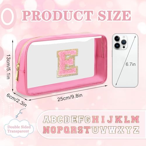 Mini Clear Personalized Initial Makeup Bag, Nylon Preppy A-Z Chenille Letter Patch Zipper Cosmetic Bag, Small Cute Pouch Travel Coin Purse Toiletry Bag, Small-Pink, E, Preppy, Personalized - 1