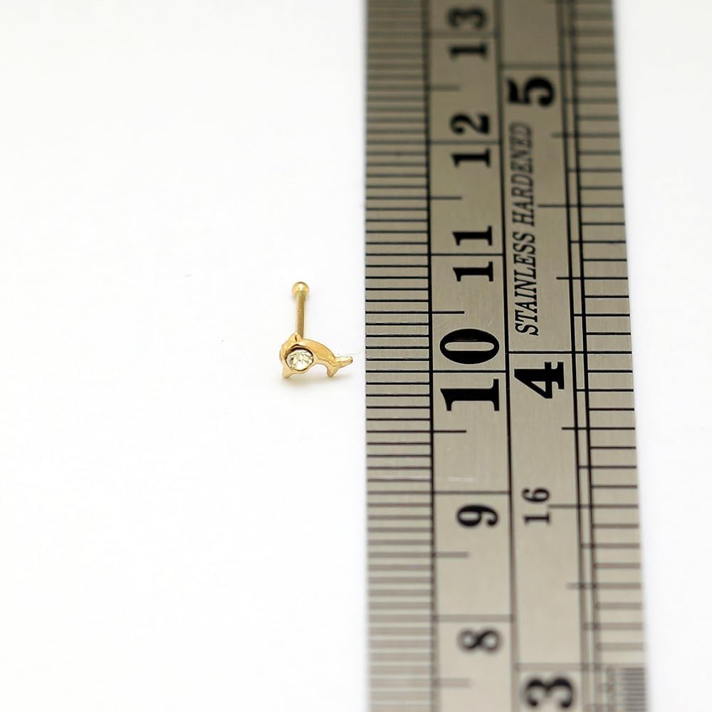 9K Solid Yellow Gold Dolphin with Crystal Stone Top 22 Gauge Ball End Nose Pin - Nose Bone Stud - Tiny Nose Ring - Gold Nose Piercing Body Jewelry