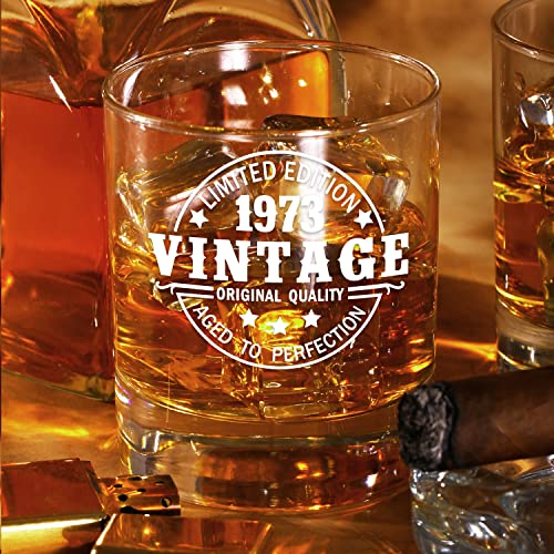 50Th Birthday Gifts Men Women - Vintage 1973 Old Time Information - 50Th Birthday Aged To Perfection - 50 Year Old Birthday Gifts - Turning 50 Birthday Decorations For Him Her - 11 Oz Whiskey Glass #TOP5