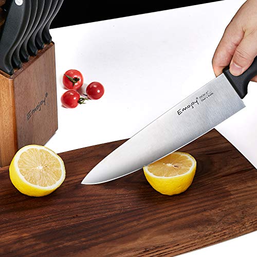 Knife Set 15-Piece Kitchen Knife Set with Sharpener Wooden Block and Serrated Steak Knives,Emojoy Germany High Carbon Stainless Steel Knife Block Set