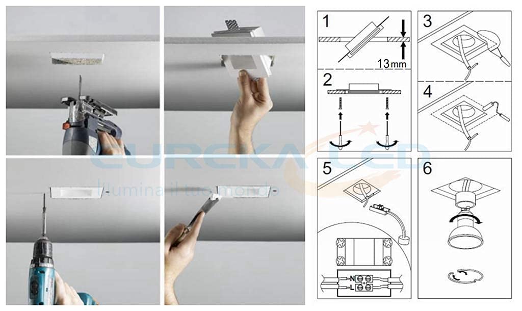 Eurekaled® - 10pz Portafaretto in Gesso CERAMICO da Incasso Quadrato Slim per Controsoffitti
