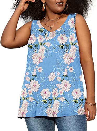 AYIFU Womens Plus Size Tank Tops Floral Sleeveless Pleated Front V Neck Shirts (Light Blue Kapok, 20W) — view 2