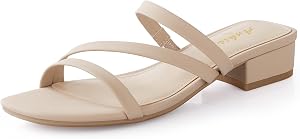 Ankis Black Nude White Strappy Heels Women 1 Inch Low Chunky Block Heel Heeled Sandals Square Open Toe Slip On Slides Mules