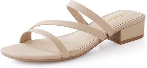 Ankis Black Nude White Strappy Heels Women 1 Inch Low Chunky Block Heel Heeled Sandals Square Open Toe Slip On Slides Mules