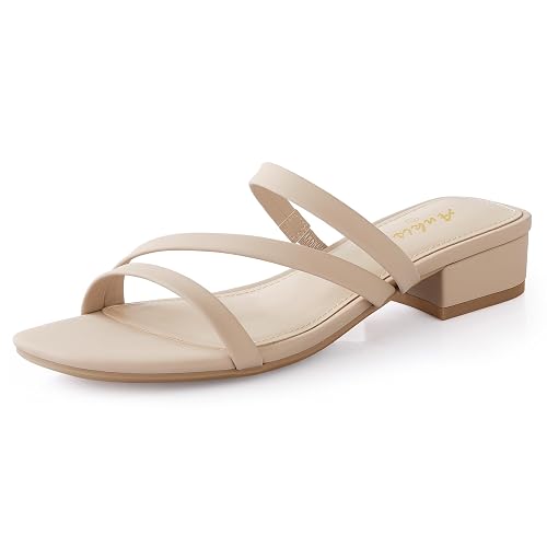Ankis Black Nude White Strappy Heels Women 1 Inch Low Chunky Block Heel Heeled Sandals Square Open Toe Slip On Slides Mules - 8 - Nude Nubuck