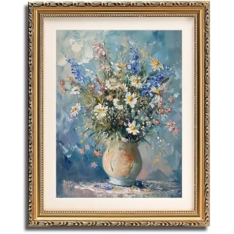 MIEVU Framed Canvas Wall Art Prints - Gold Framed Wall Art for Living Room Decor Bedroom Home Bathroom, 13x16in Vintage Floral Flower Frame Wall Decor (flower08) Cover
