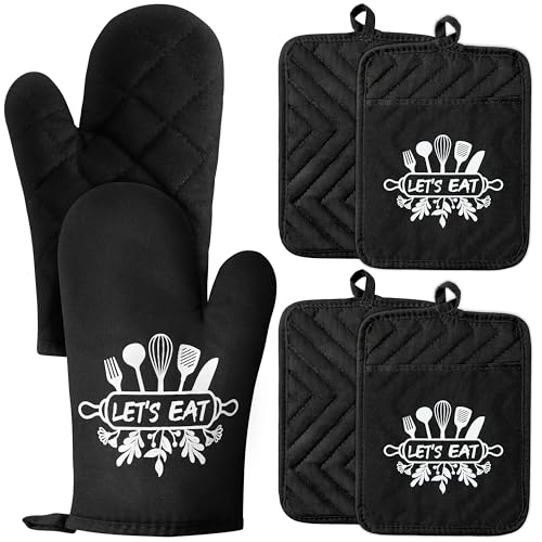 GROBRO7 6Pcs Cotton Oven Mitts Pot Holders Set Let's Eat Heat Resistant Hot Pads Machine Washable Microwave Gloves with Hanging Loop Pocket Potholder for Daily Kitchen Baking Cooking Grilling Black