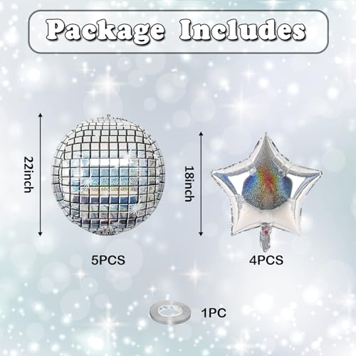Image of 9 Pcs Disco Ball Balloons and Star Balloons 22 /18 4D Ball Balloons Laser Metallic Silver Disco Star Mylar Balloon for Birthday Bachelorette 70s 80s 90s Themed Grad Retro Prom Party Decor