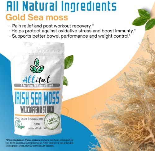 Sea Moss - Raw Wildcrafted St Lucian, 100G Gold Irish SeaMoss, Organic Vegan Non GMO, Full of Minerals, Great for Smoothies, Soups, Salads