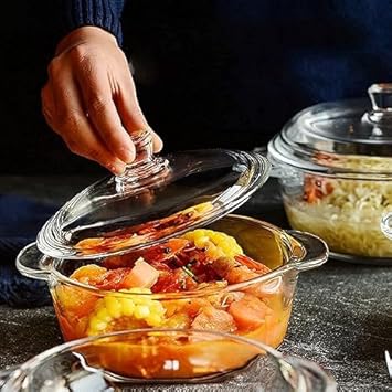 Parv Homes Serve Casserole Borosilicate Glass Bowl with Lid | Edge Helper Handle for Grip | Serving and Oven Safe Borosilicate Glass Jar and Storage Container (1000ml, Set of 1, Transparent)