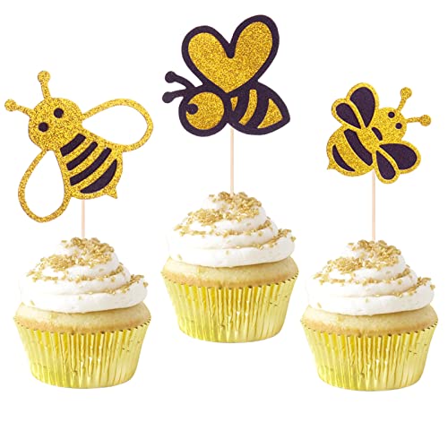 30-Pack Glitter New Bumble Bee Cupcake Toppers, Baby Bee Gender Reveal Baby Shower Birthday Party Cake Decorations Supplies #TOP7