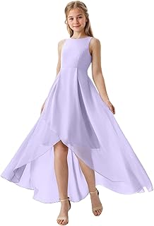 Junior Girls Bridesmaid Flowy Chiffon Dress Crewneck A Line High Low Pageant Formal Ball Gown - Buy now