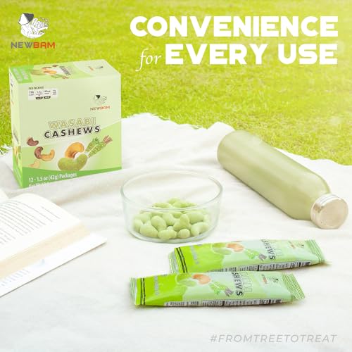 Image of NEWBAM Wasabi Roasted Cashews - 12 Individual Packs (1.5oz) - Vegan | Real wasabi seasoning, Japanese-inspired flavor. 15g net carbs, 5g protein. From Binh Phuoc, Vietnam.
