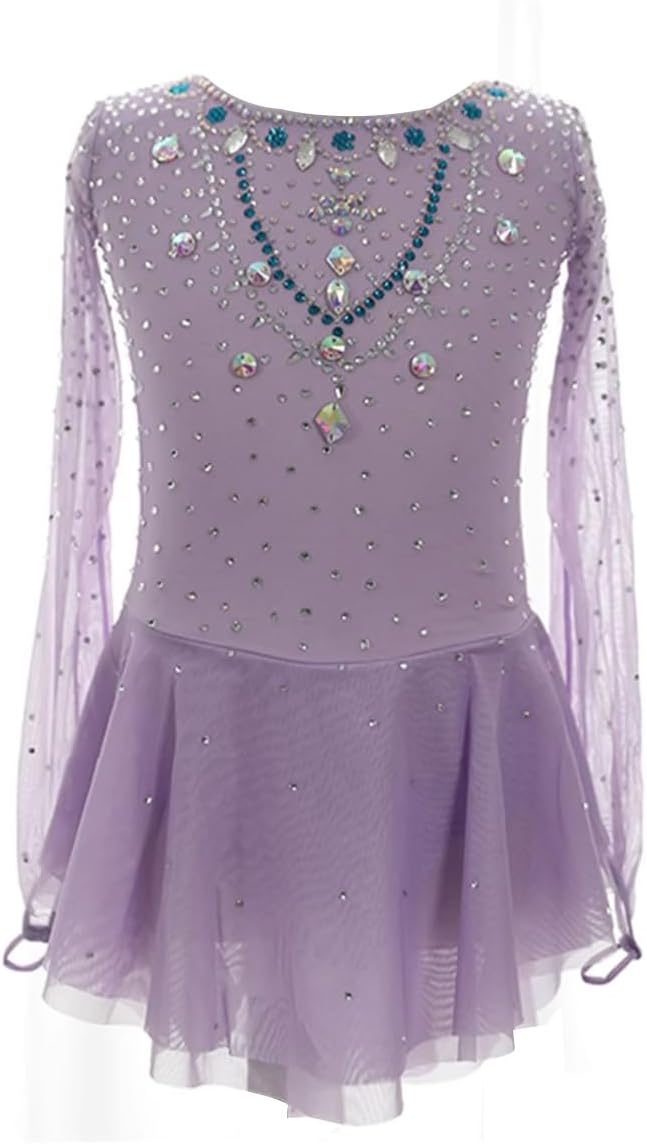 Women's Adult Rhinestone Mesh Splice Figure Ice Skating Dress Girls Long Sleeve Gymnastics Leotard Competition