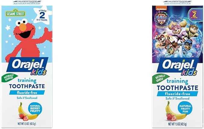 Orajel Kids Elmo & Paw Patrol Training Toothpastes, Fluoride-Free, Fruity Fun Flavors, 1.5oz Tubes, 1 Pediatrician Recommended