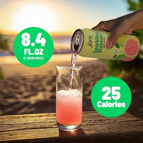Image of Jans Sparkling Prebiotic with Collagen Soda Beverage - Pink Guava & Mango 8.4 Fl Oz (6-Pack) - Low Calorie, NO Added Sugar, Non-GMO Sparkling Fruit Beverage, Gut Health Support