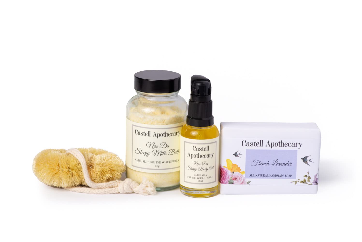Nos Da Sleepy Milk Bath set. Lavender & chamomile body oil, sleepy milk bath, palm Oil free French Lavender Soap for a restful night sleep. Free home-grown lavender bag
