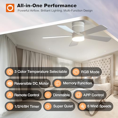 Image of addlon RGB Ceiling Fans with Light, 42'' Low Profile Flush Mount Small Ceiling Fan, Remote Control /APP Control, Reversible, Sleek Modern Fan for Bedroom, Living Room, Kids Room, Indoor /Outdoor, White