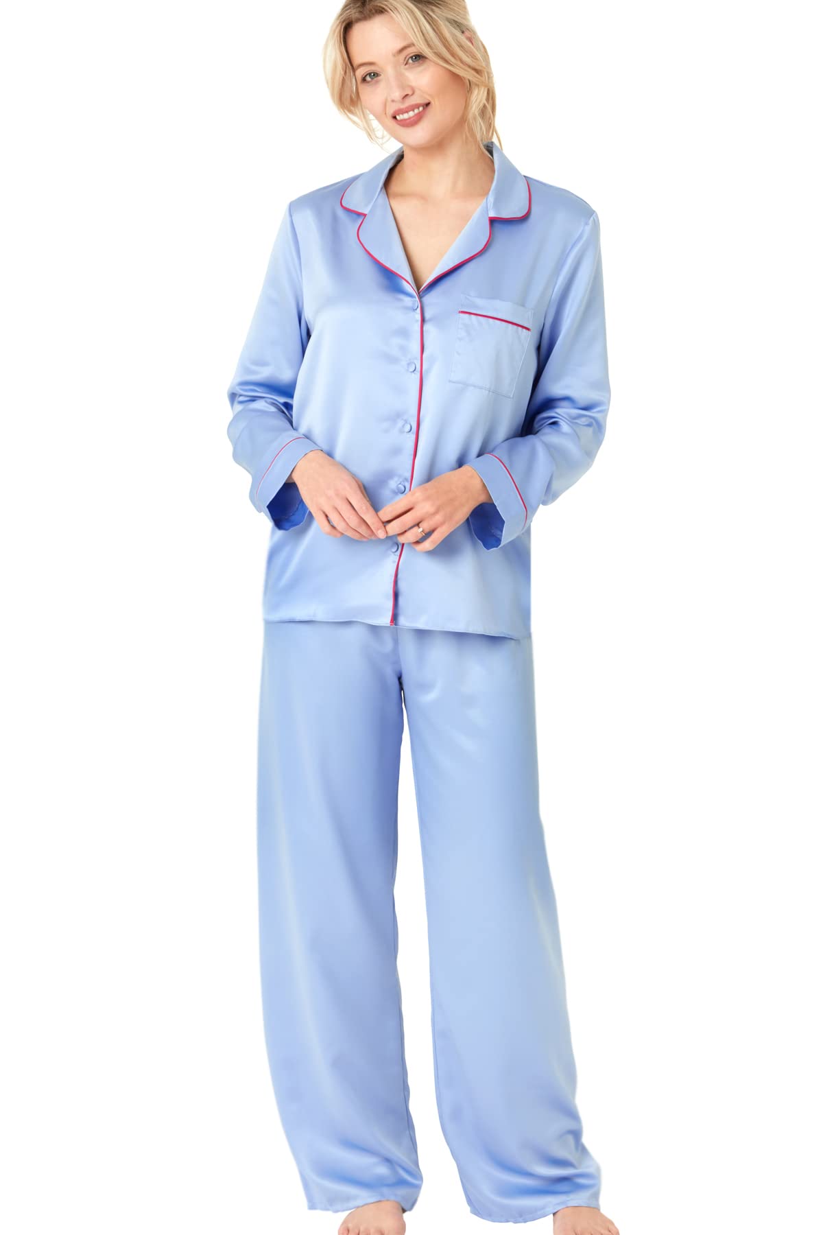 Indigo Sky Pigiama In Raso Astara Full Length Per Donna – Con Tubazioni A Contrasto, Collezione Seta