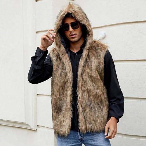 Men's Luxury Faux Fur Vest with Hood Winter Furry Sleeveless Jacket Fleece Open Front Cardigan Hoodie Coats Outwear4