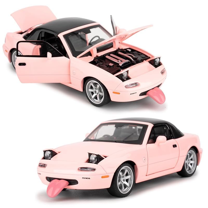 Image of 1:32 Mazda Miata MX-5 Alloy Model Car, Toy Car with Pullback, Removable Top, Blinking Lights, Toy Car with Sound and Bright Lights, Collectible Grade Gift for Kids (1:32 Mazda Miata MX-5 (Pink Color))