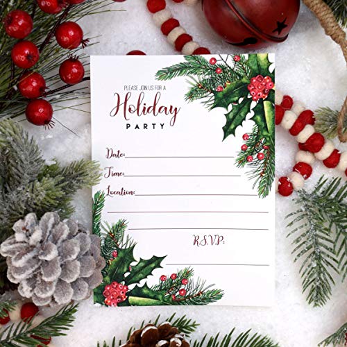 Watercolor Holly And Pine Holiday Party Invitations, 20 5"X7" Fill In Cards With Twenty White Envelopes By Amandacreation #TOP6
