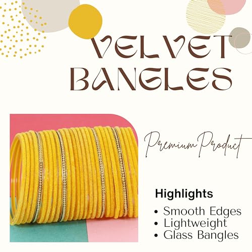 Image of NMII Glass Bangles For Women and Girls with Velvet and Golden Ballchain Linked | Plain Glass Bangles | Velvet Chudi Set | Bangles For Women | Stylish Glass Chudi Bangles- Set of 28