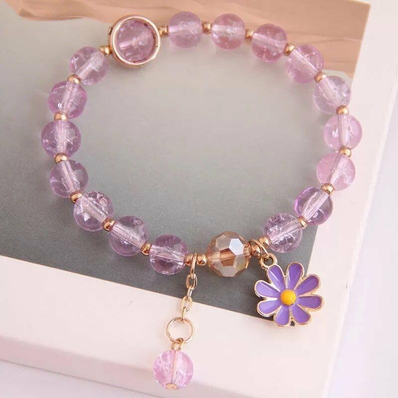 Image of El Regalo 1 PC Dailsy Flower Sparkly Crystal Beads Tassel Bracelet for Girls /Teens /Women- Cute Crackle Beads Daisy Flower Stretch Bracelet