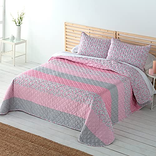 Barceló Hogar - Colcha Boutí Estampada Reversible Eva, Color Único, Cama 90 cm, Medida 180x270 cm, Incluye 1 Funda de Cojín Cover