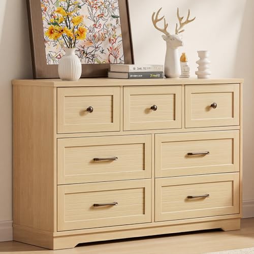 Image of Marcytop Dresser for Bedroom, Storage Organizer with 7 Drawers, 47" Wide Modern Chest of Drawers with Natural Texture, Wooden Dresser for Bedroom, Living Room, Hallway, Natural Oak