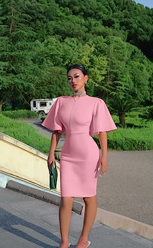 Image of Memoriesea Women's Basic Bodycon Ruffle Flared Short Sleeve Pencil Midi Dress