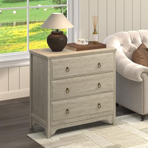 Image of Chogori Farmhouse Solid Wood Nightstand, Rustic End Table with 3 Drawers & Vintage Ring Pulls, Sturdy Accent Side Table for Bedroom, Living Room, Hallway, Gray