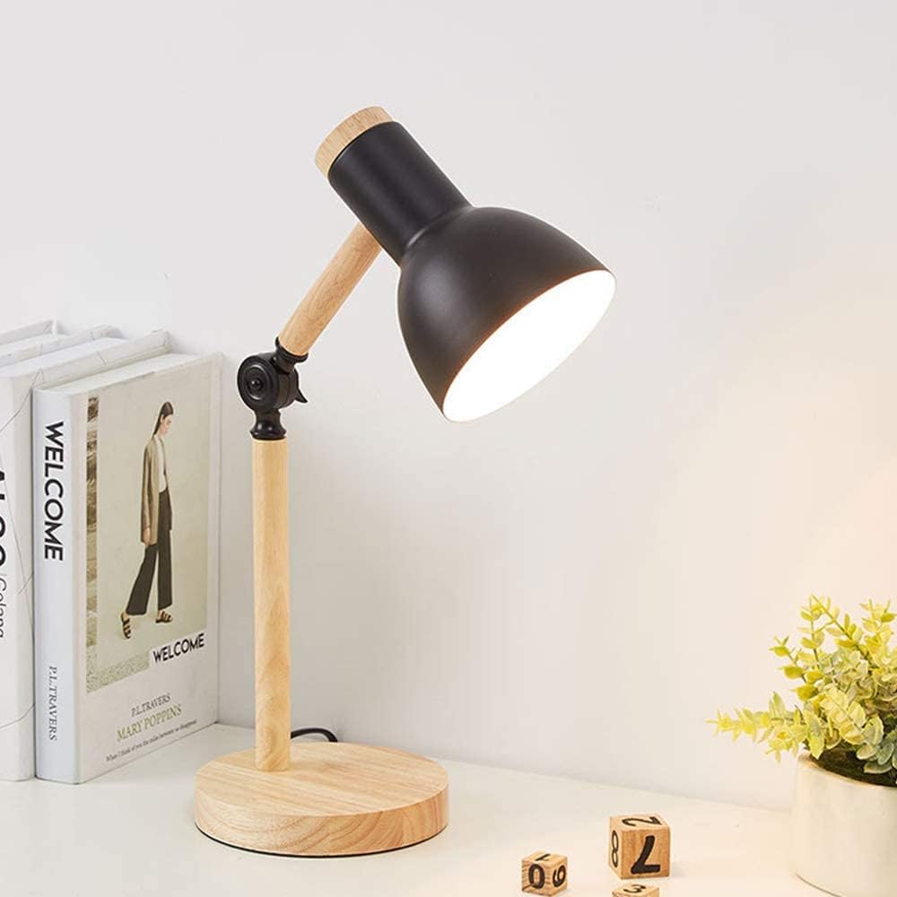 Lampe de table de chevet, lampe de bureau en bois moderne avec abat-jour en métal Lampe de chevet réglable pour bureau, salle d'étude, chambre à coucher, salon, chambre d'enfant, lecture,Noir